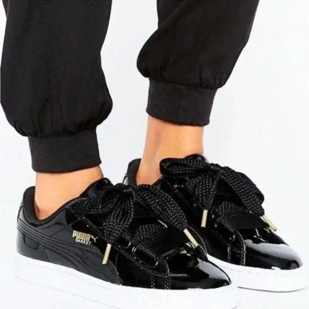Puma Basket Heart Black Patent leather GS Sneakers women's Trainers SZ 6